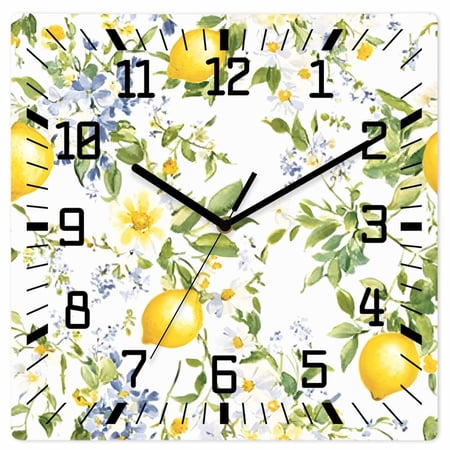 Summer Lemon Wooden Wall Clock Silent Non Ticking, Watercolor Yellow Spring Floral Botanical Square Wall Clocks Battery Operated, Decor Clock for Home Office, Living Room, Kitchen, 10 Inch