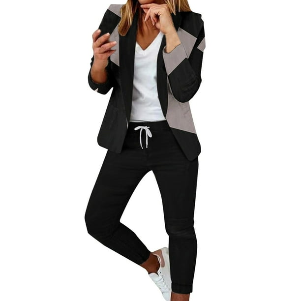 Gibobby Conjuntos de sudadera con bloques Chaqueta fina informal de 2 piezas para mujer, abrigo ajustado, chaqueta de manga larga, pantalones de negocios para(Gris,M)