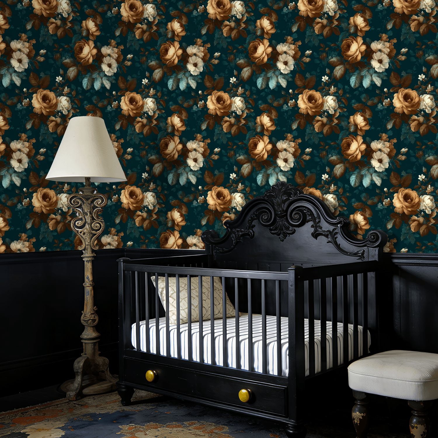 Peel and Stick Wallpaper Floral Rose Vintage Botanical Flowers Dark Teal Wall Mural 23.6in x 9.8ft Self Adhesive Removable Wall Paper Renter Friendly Wallpaper for Nursery Bedroom Cabinets