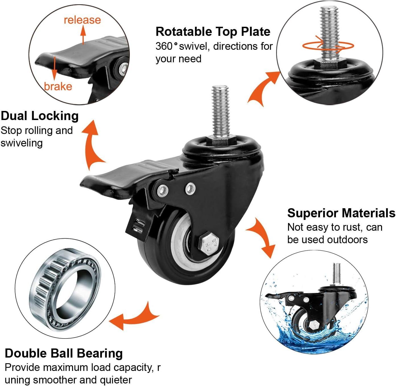 2" Stem Caster Wheels with Safety Dual Locking 600Lbs Heavy Duty Threaded Stem Casters No Noise Swivel Castors with Brakes 3/8"- 16 x 1 (Set of 4)
