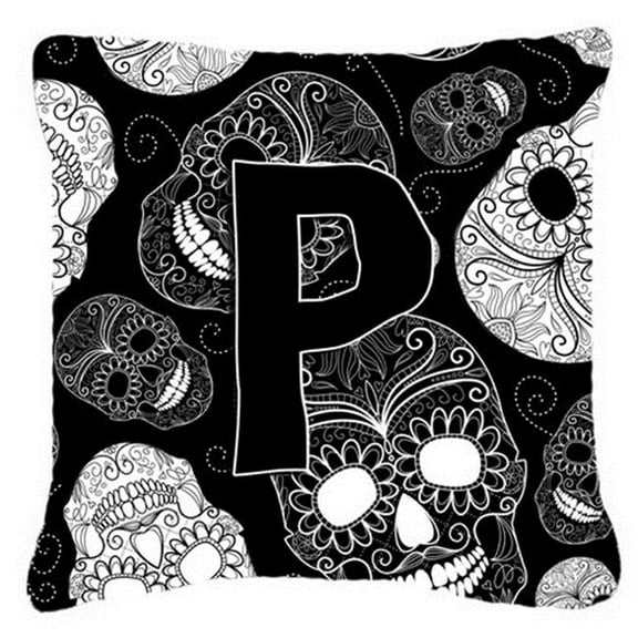 Letter P Day Of The Dead Skulls Black Canvas Fabric Decorative Pillow