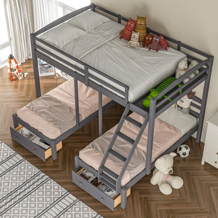 Wood Triple Drawers and Guardrails  Full Over Twin & Twin Bunk Bed for Kids  Teens  Adults  Space Saving  Gray