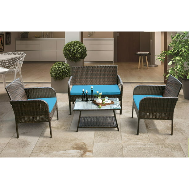 Outdoor Conversation Furniture Sets 4 Piece Small Wicker Patio Set With Tempered Glass Coffee Table Companion For Porch Garden Poolside Balcony Blue S1797 Com - Small Wicker Patio Set
