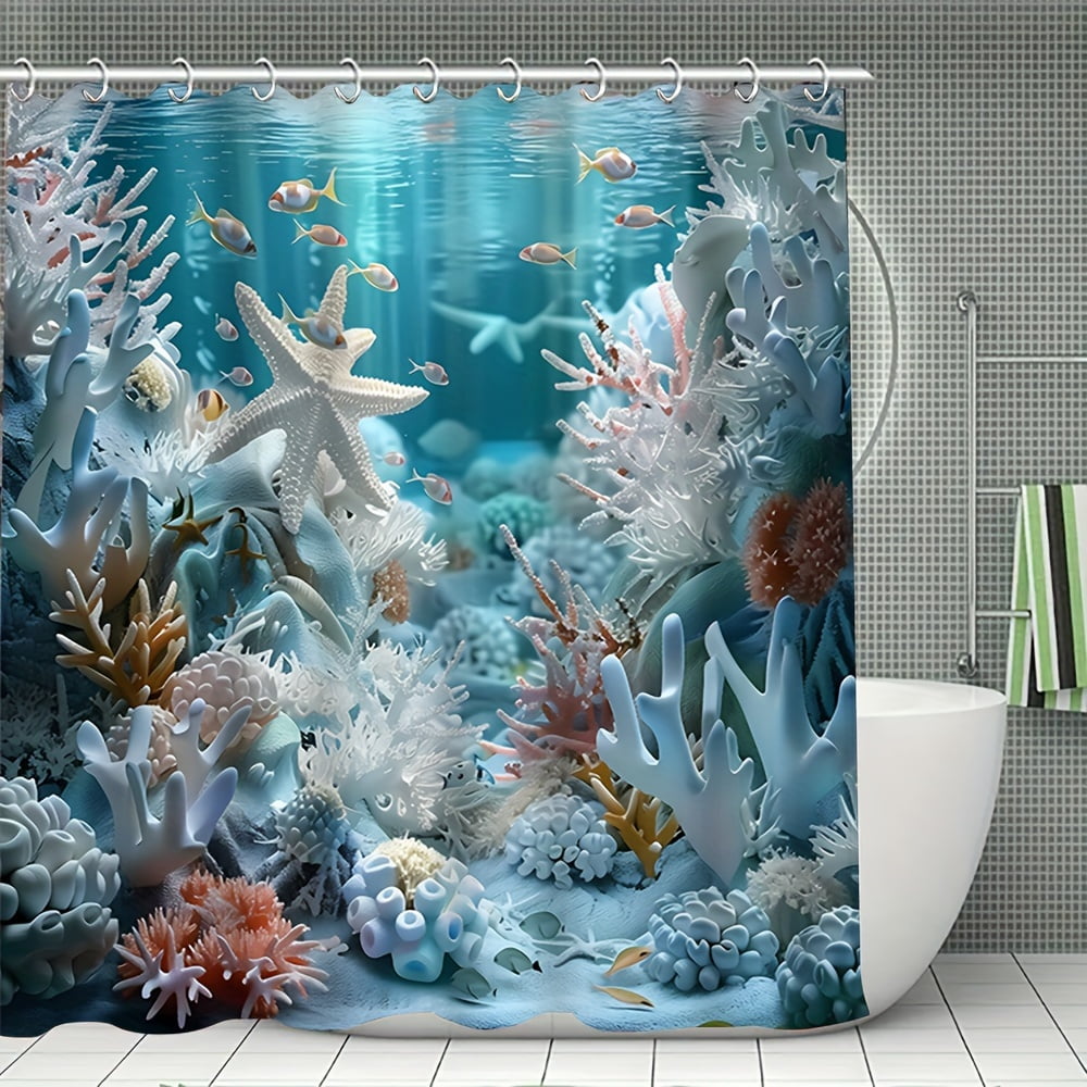 4pcs Ocean Style Shell Starfish Shower Curtain Set Bathroom Set Waterproof Shower Curtains Non-Slip Floor Mat Toilet Seat Cover, Bath Mat and 12 Plastic Hooks Bathroom Accessories Home Decor
