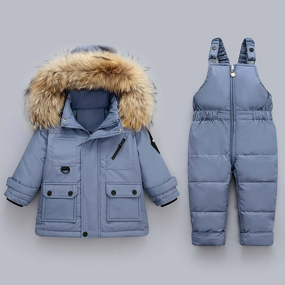 Qhnvtd Toddler Baby Boy Girl Winter Snow Suit 2-Piece Snowsuit Set Hooded Puffer Down Jacket Snow Bib Pants Kids Ski Suits