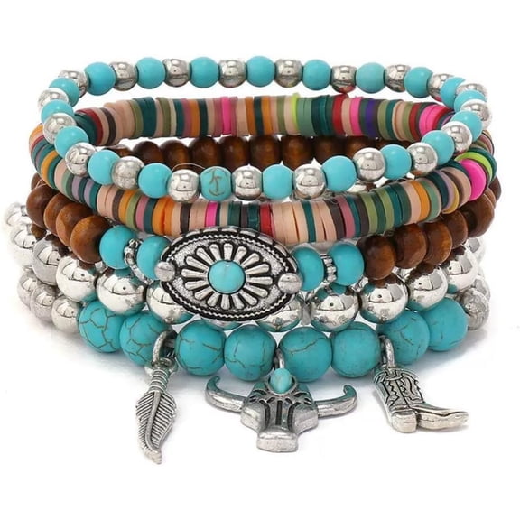 Western Turquoise Bracelet for Women, Adjustable Boho Handmade Leather Bracelet with Cow Head Charm, Stretch Country Jewelry for Cowboy Chic Outfits