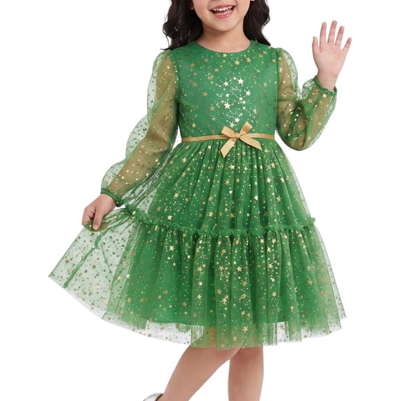 Sunny Fashion Girls' Long Sheer Sleeve Gold Star Tiered Tulle Holiday Green Dress