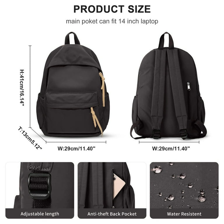 Pomoko School Backpack Waterproof Black Bookbag College High School Bags for Boys Girls Lightweight Travel Rucksack Casual Daypack Laptop Backpacks