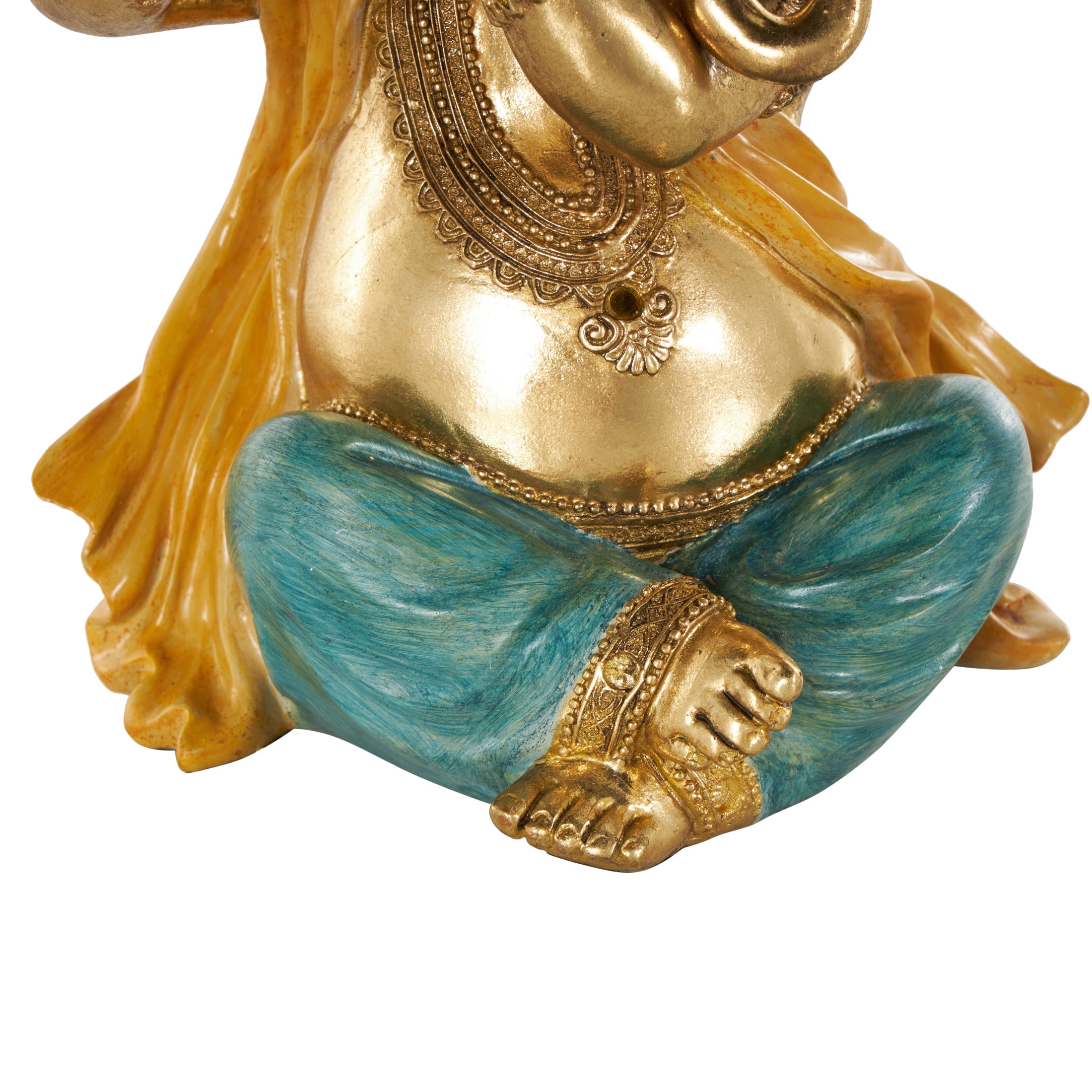 9" x 11" Gold Resin Musician Ganesh Sculpture with Green, Yellow, and Teal Accents, by DecMode