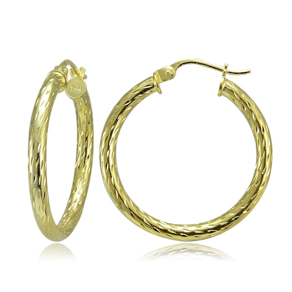 Gold Tone over Sterling Silver 2.5mm Diamond-Cut Round Hoop Earrings, 25mm