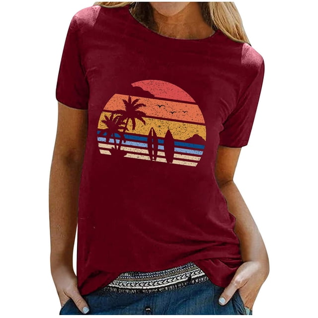 Pompotops Blouse à Manches Courtes Imprimée pour Femmes, Surf d'Été, Plage, T-shirt