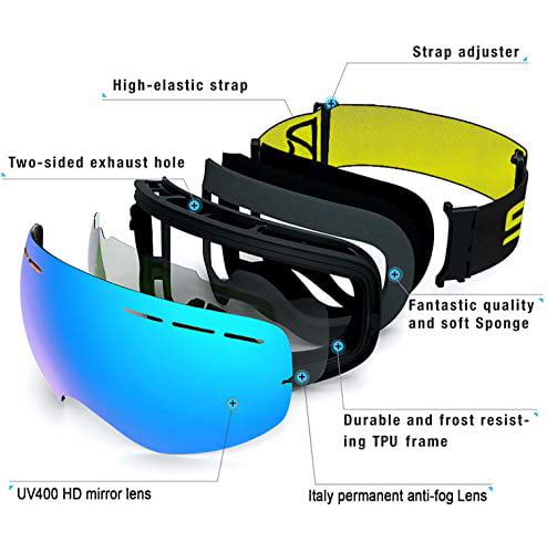 SPOSUNE Ski Goggles Over Glasses Snow/Snowboard Goggle for Men UV400 Anti-Fog Snowmobile Goggles Women & Youth 