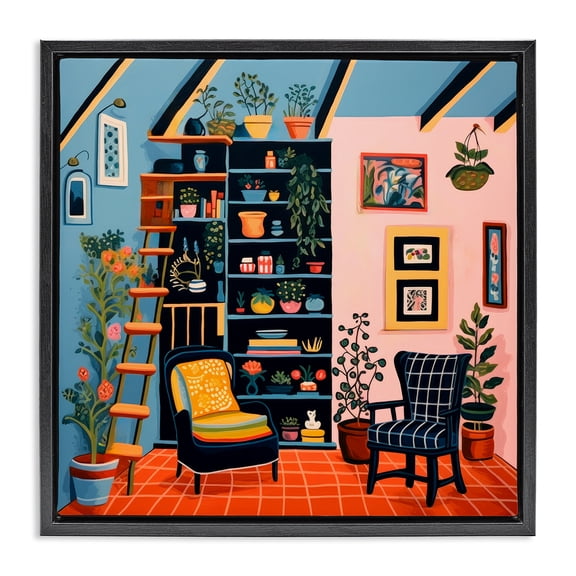 Stupell Industries Eclectic Bookshelf Scene & Plants Black Floating Frame Canvas Art, 18 x 18, by Lazar Studio