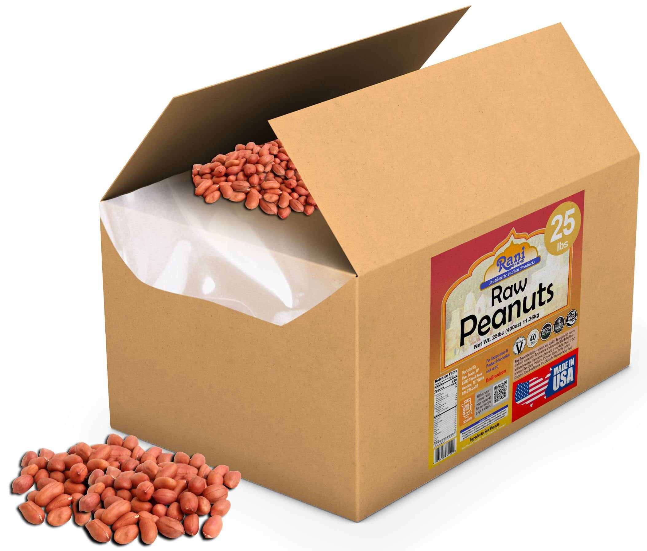 Rani Peanuts, Raw Whole With Skin (uncooked, unsalted) 25lbs (400oz) 11.36kg ~ All Natural | Vegan | Gluten Friendly  ~ Spanish Grade Groundnut / Red-skin