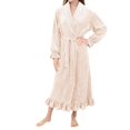 thumbnail image 3 of Women's Lace Trim Plush Fleece Maxi Robe, Elegant Collar Long Sleeve Bathrobe, Soft Warm Nightgown, Cozy Winter Loungewear, Delicate Trim Sleepwear Beige L, 3 of 10