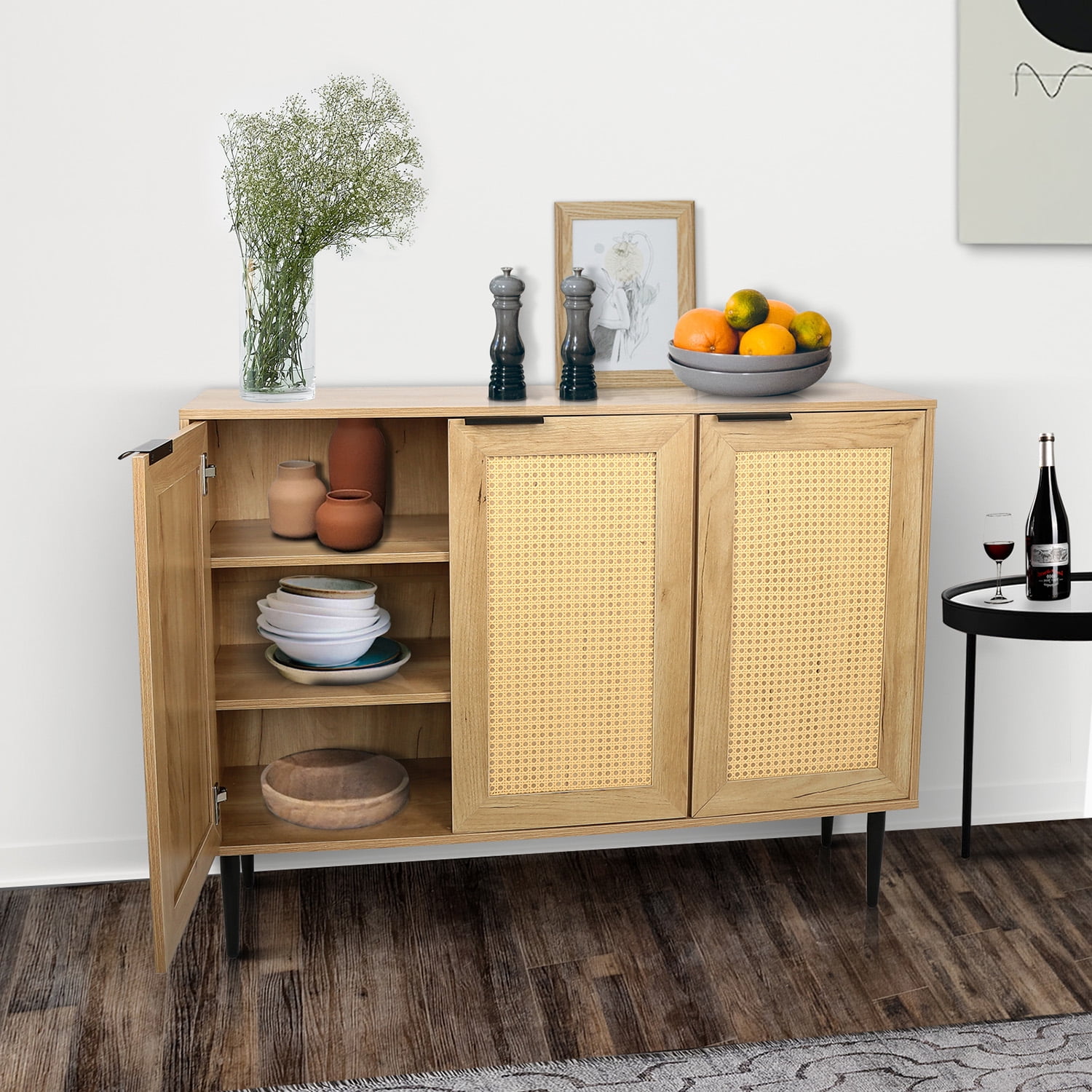 Kepooman 47.24" Wide Kitchen Storage Cabinet, Accent Storage Cabinet with 3 Rattan Doors, Sideboard for Bedroom with 3-Tier Shelving, Natural Kepooman 47.24" Wide Kitchen Storage Cabinet, Accent Storage Cabinet with 3 Rattan Doors, Sideboard for Bedroom with 3-Tier Shelving, Natural
