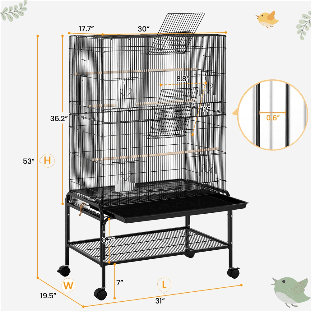 Alden Design 53″ H Rolling Metal Parrot Birdcage with 3 Perches & 4 Feeders, Black