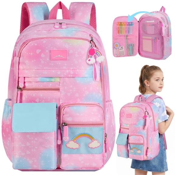 DAKIMOE School Backpack Pink Starry Rainbow Bookbag Cute Large Capacity Backpack Multifunction Fashion Casual Laptop Travel Daypacks Kawaii Bag For Teens Students, 17 inch
