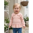 thumbnail image 5 of RUINIXCW Toddler Baby Girl Long Sleeve Shirt Waffled Striped Tops Little Girl Spring Fall Winter Clothes Peter Pan Doll Collar Ruffle Hem Button Shirt, 5 of 10