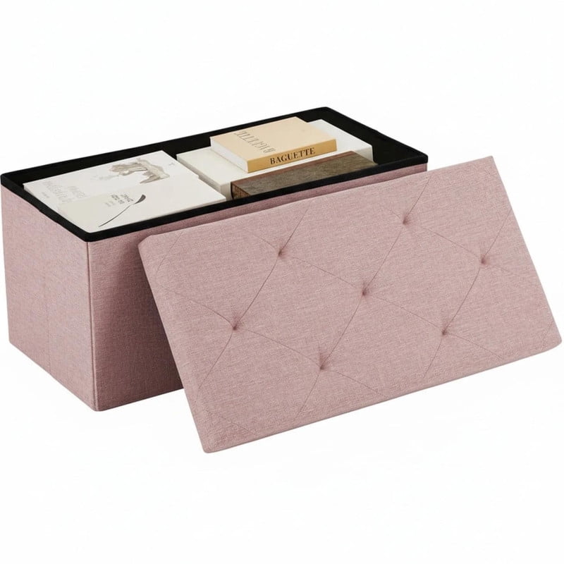 Kelno 30" Foldable Storage Ottoman Bench Linen Footrest Stool with Foam Padded Seat, Pink