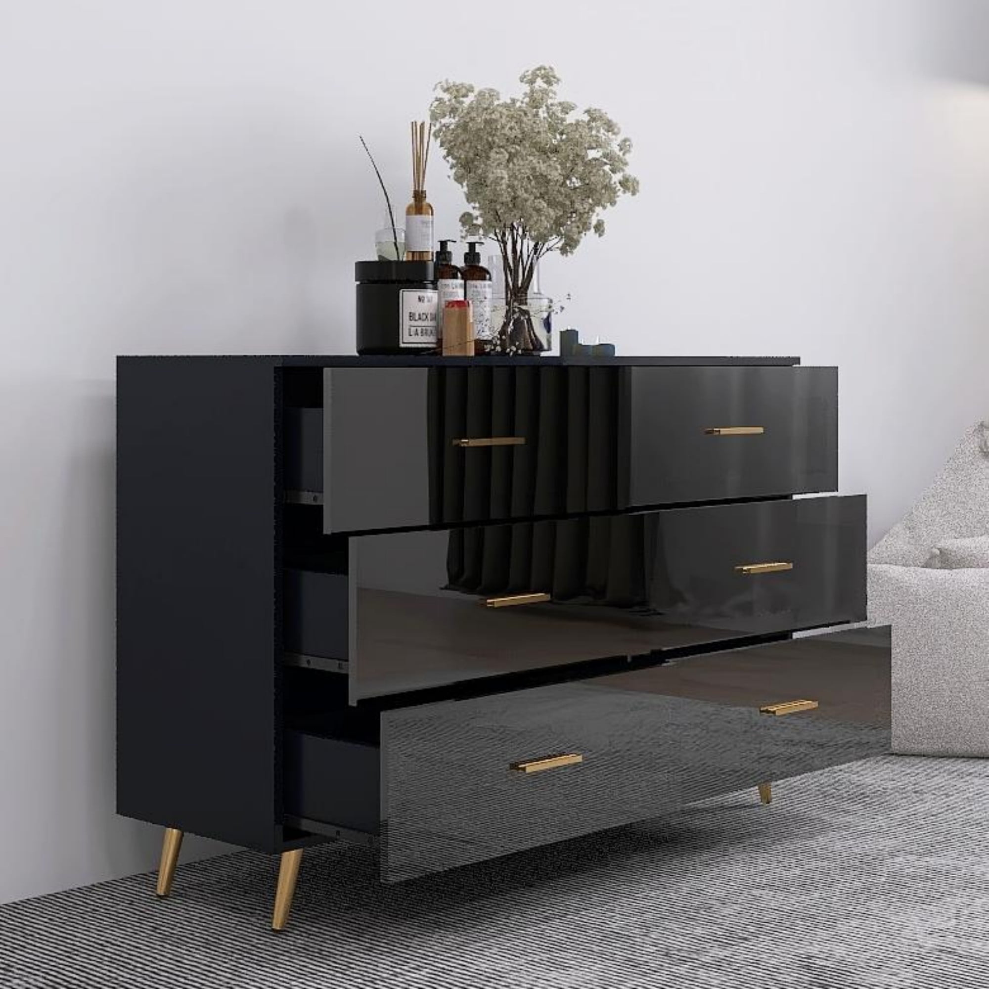 Jopath 6-Drawers Dresser for Bedroom,Modern High Glossy Surface Chest of Drawer with Golden Steel Legs,Wood Storage Organizer for Living Room,Black02
