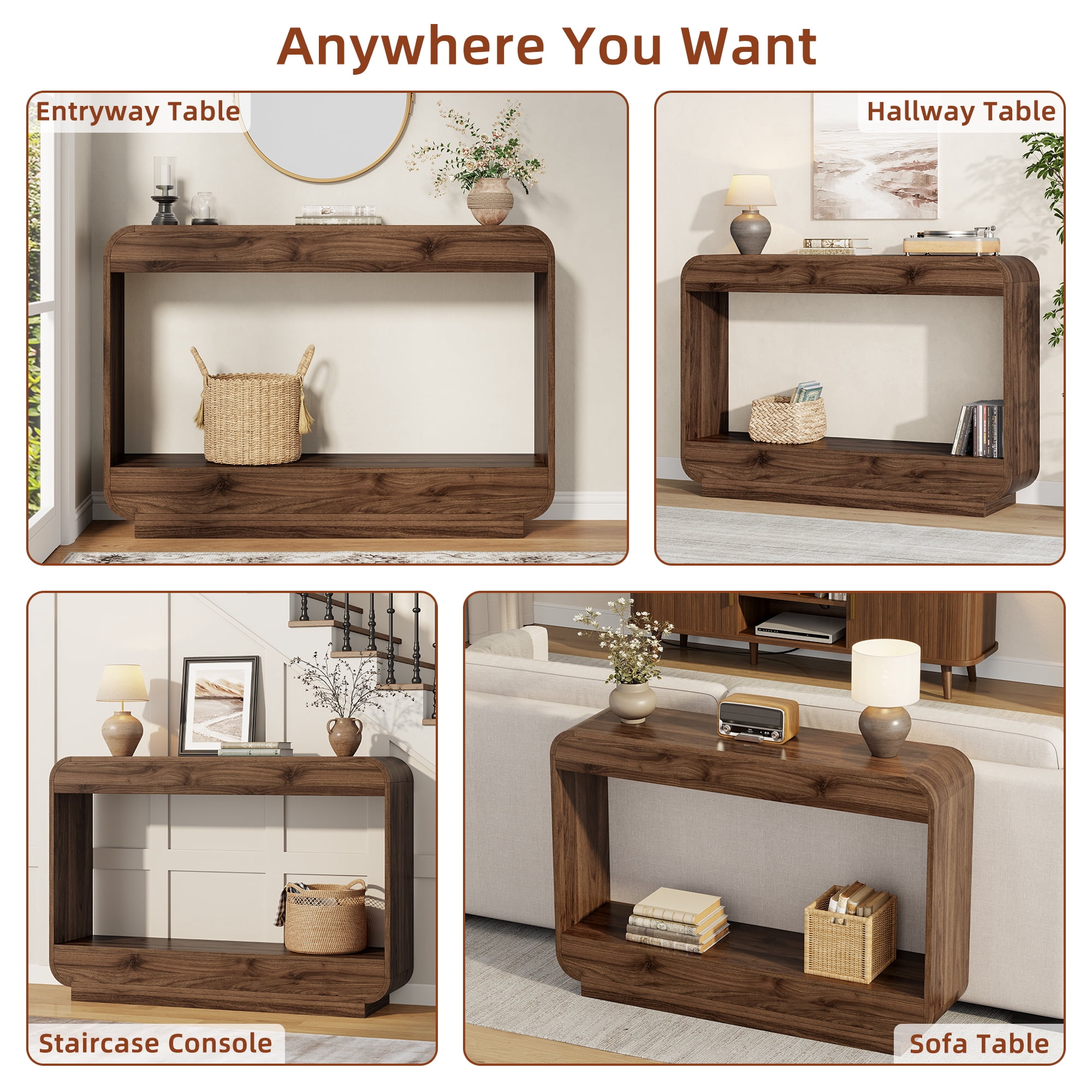 Aufeile 43" Entryway Table, Curved Console Table for Entryway, 2-Tier Wood Sofa Table with Open Storage Shelves Behind the Couch, Narrow Entry Table for Hallway Entrance Foyer, Walnut