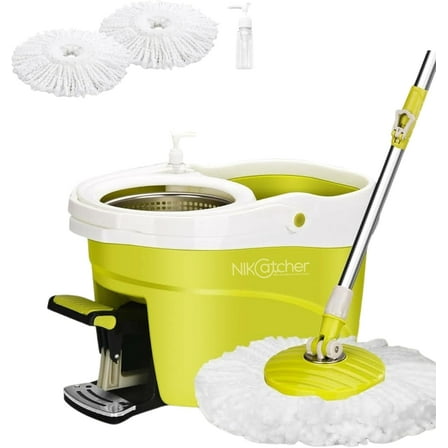 Ultra Spin Microfiber Mop and Bucket with Pedal Wringer Set 360°, 3 Microfiber Mop Replacement Heads and 50" Stainless Steel Adjustable Handle Included for Floor Cleaning