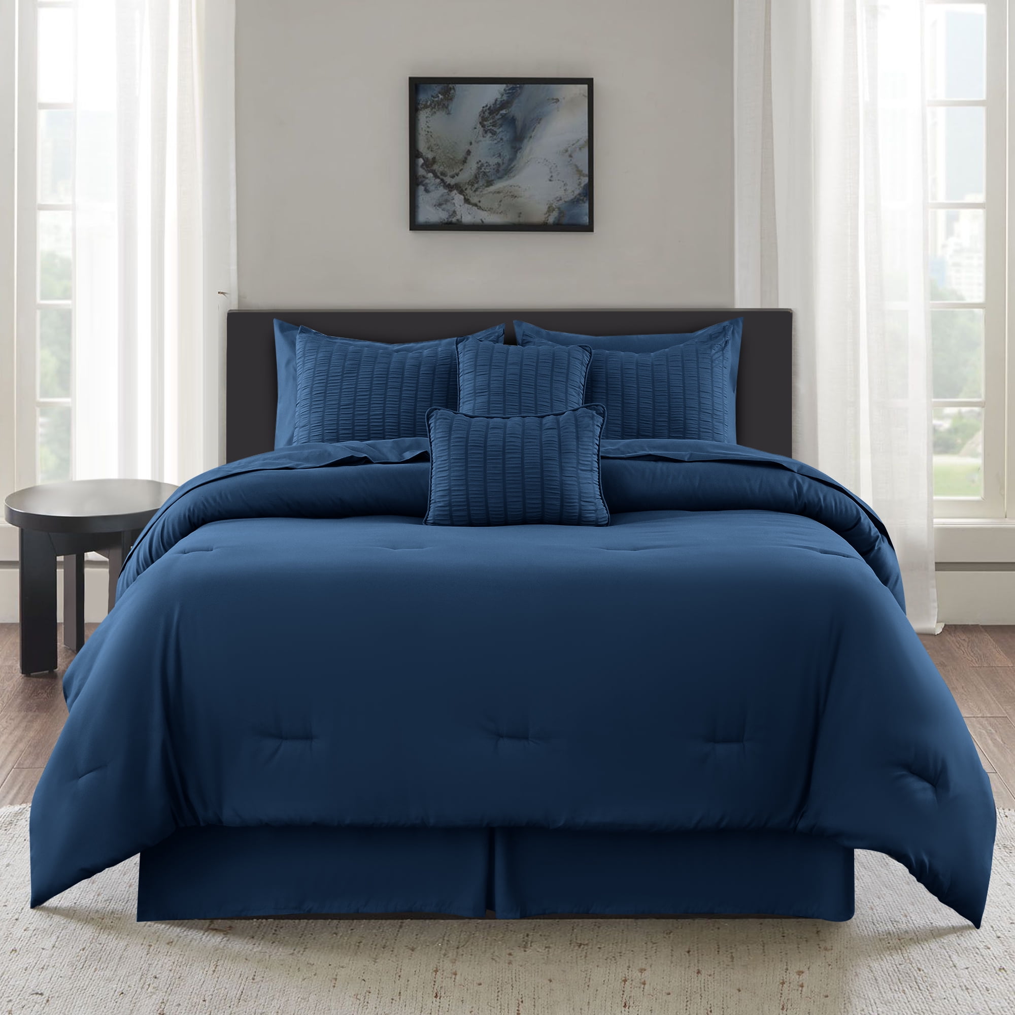 Lux Decor Collection Twin Seersucker Bedding Comforter Set – All-Season 8 Pieces Bed in a Bag Includes Comforter, Sheets, Pillow Sham, Bed Skirt & Decorative Pillow for Ultimate Comfort - Navy