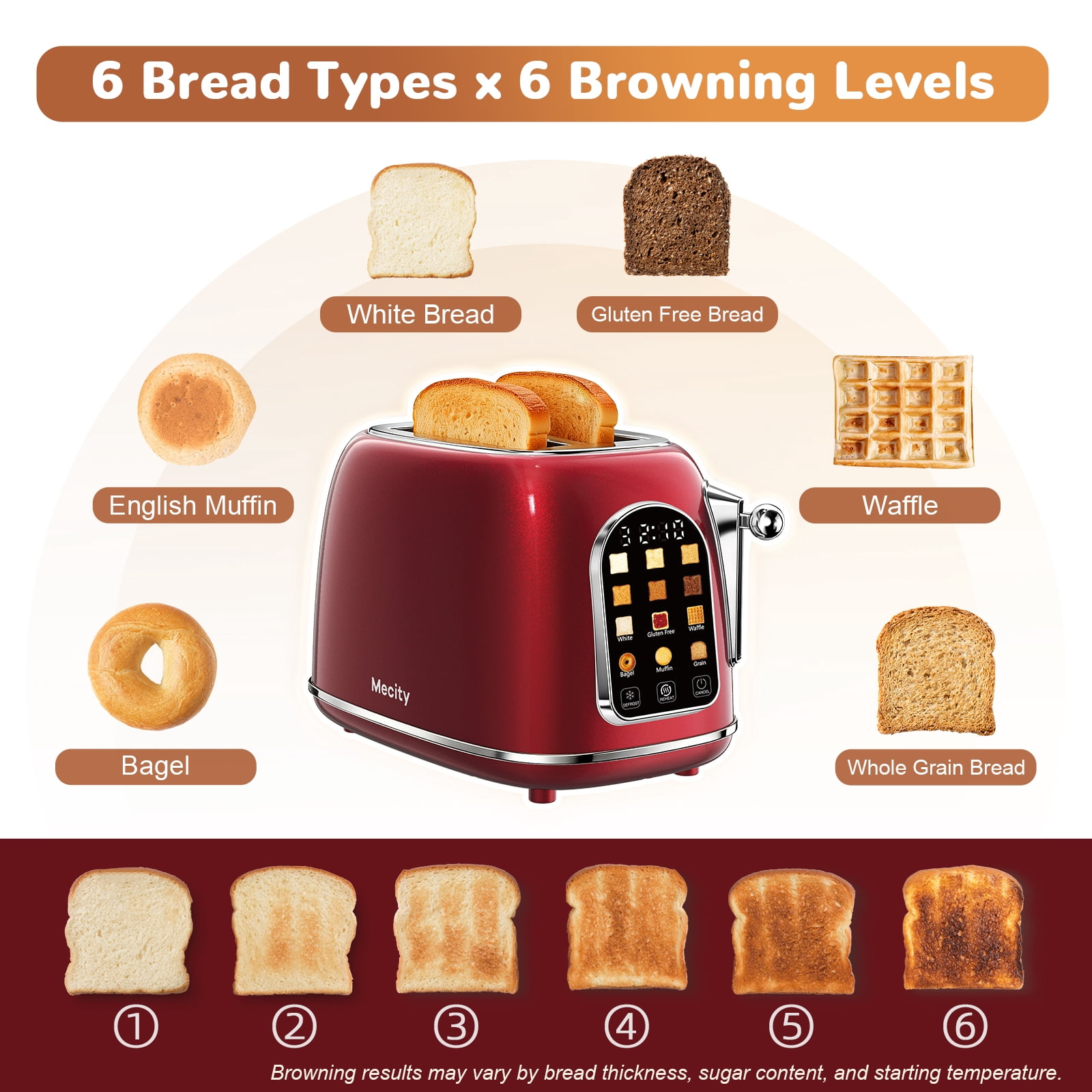 Mecity Easy Touch Screen Toaster 2 Slice – Retro Wide Slot Stainless Steel Toaster with Large Display, 6 Browning Levels, Bagel, Defrost & Reheat, Removable Crumb Tray, Red Pearl