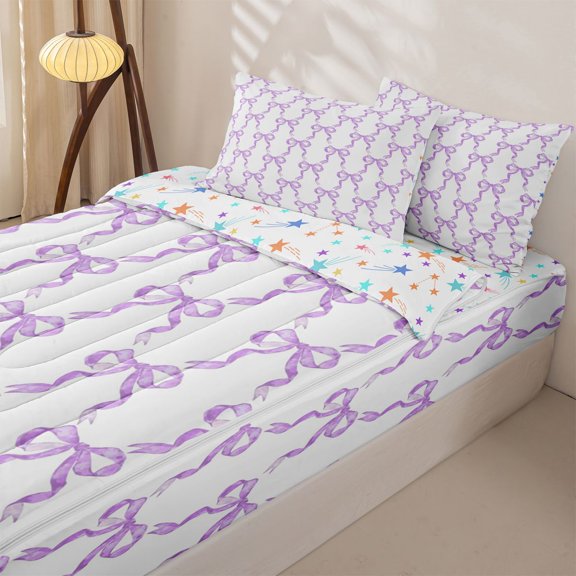 Homewish Purple Bowknot Zipper Full Size Comforter Sets with Fitted Sheet and 2 Pillowcases for Girls, Cute Princess Ribbon Zipper Bedding Set, Stars Reversible, 4pcs