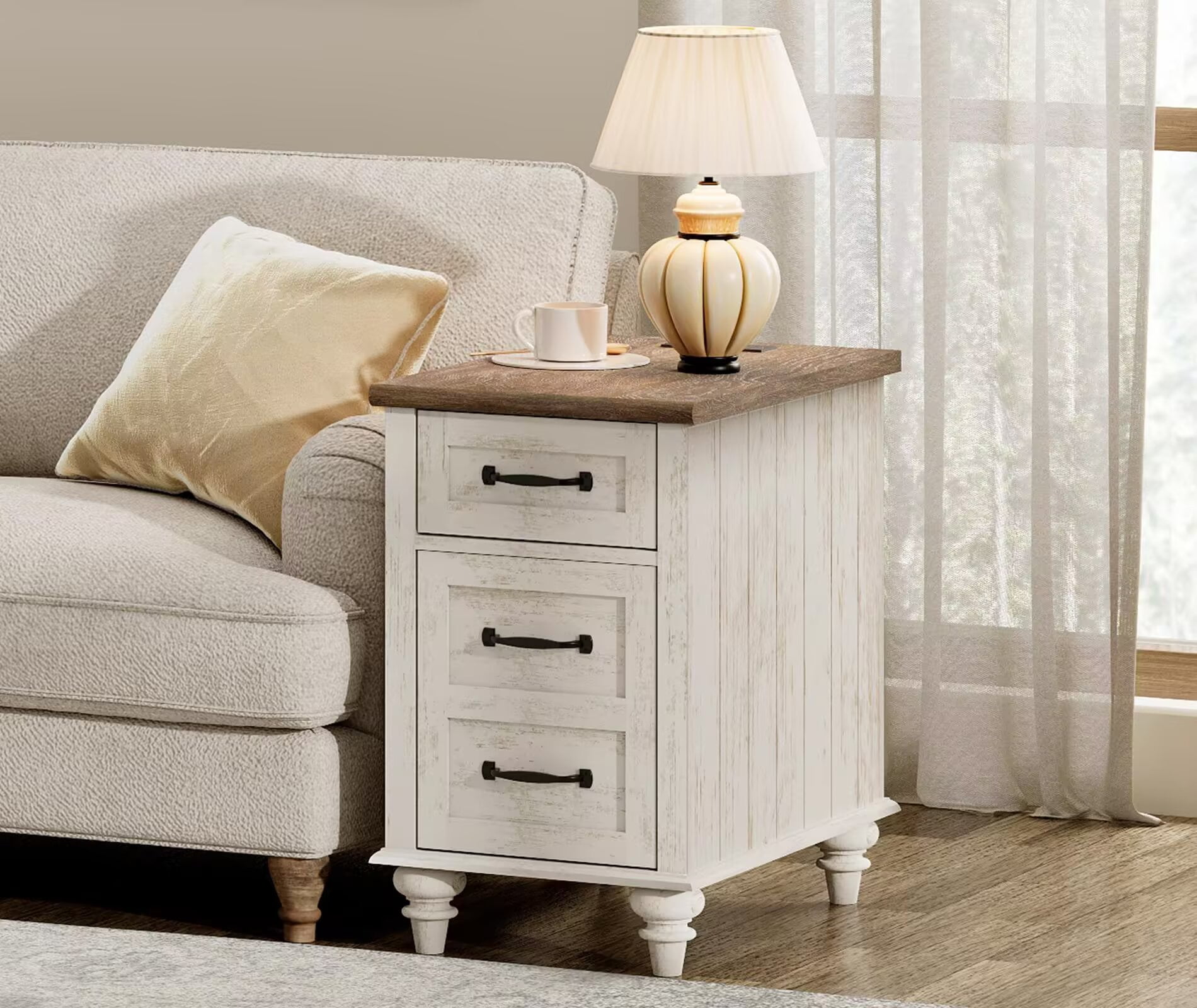 Antique White End Table with Drawer & Cabinet, Wooden Side Table Nightstand with Charging Station for Living Room & Bedroom