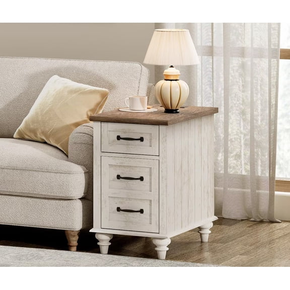 Antique White Side Table with Drawer & Cabinet, Elegant End Table with Charging Station, Wooden Nightstand for Bedroom, Living Room