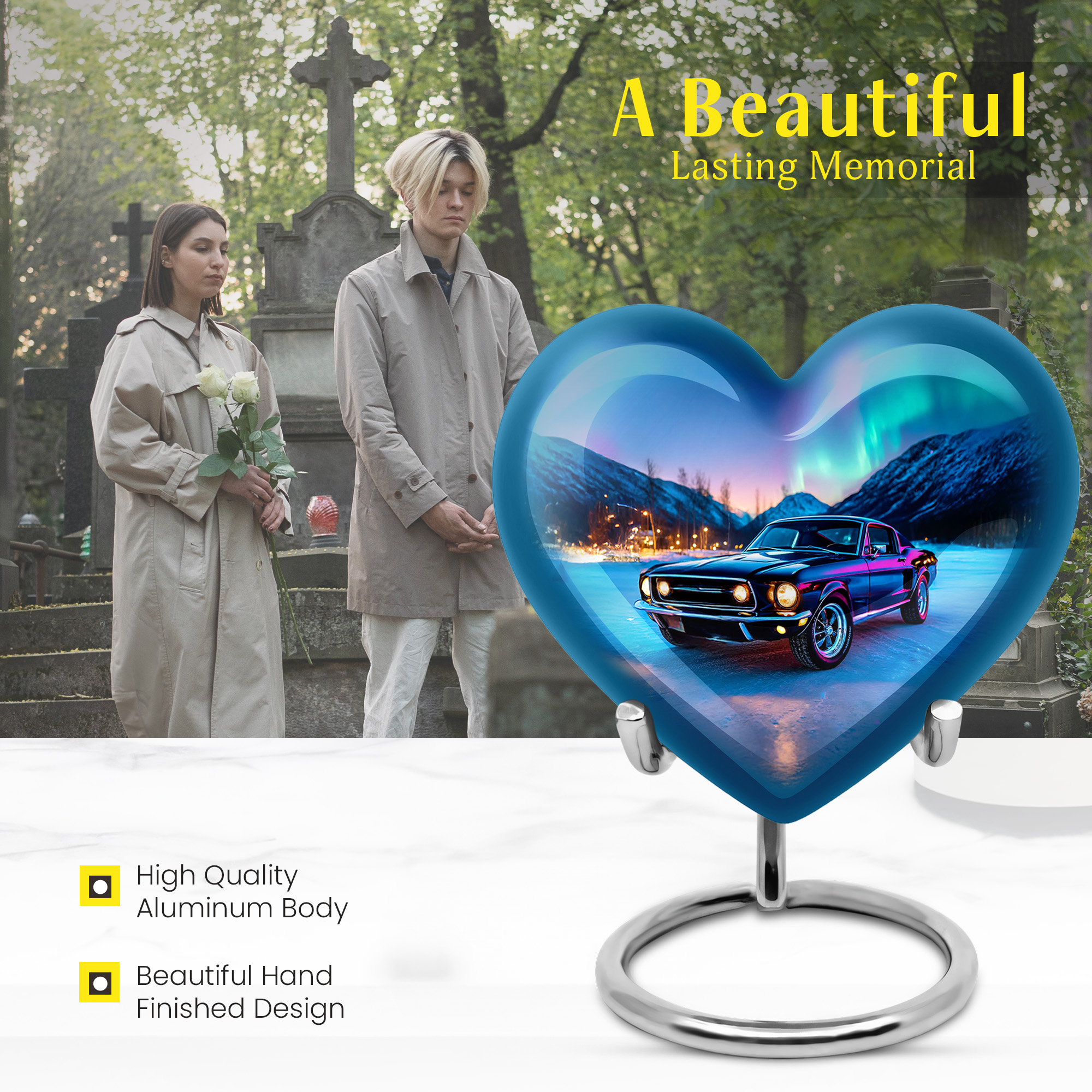 MUKTIVE Car Urn for Adult Ashes Male & Female, Northern Light Mini Heart Cremation Urns, Blue Burial Urn for Human Ashes Women & Men, Keepsake Urns for Adult,3 Inch