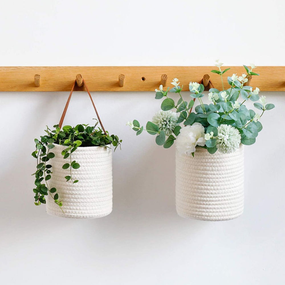 HOTWINTER Wall Hanging Cotton Storage Baskets, Small Rope Baskets with  Leather Handle Door Closet Organizer Woven Baskets for Keys, Wallet,  Plants