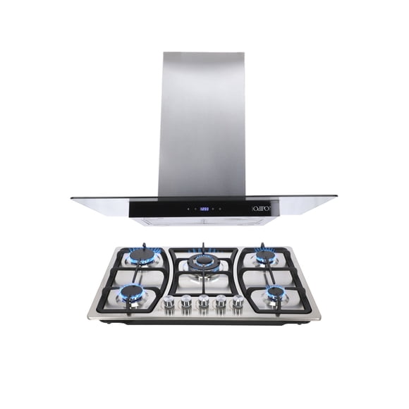 Campana de cocina de isla digital cristal recto 90cm Fordex y Parrilla de gas 5 quemadores acero inoxidable 76cm Vignus