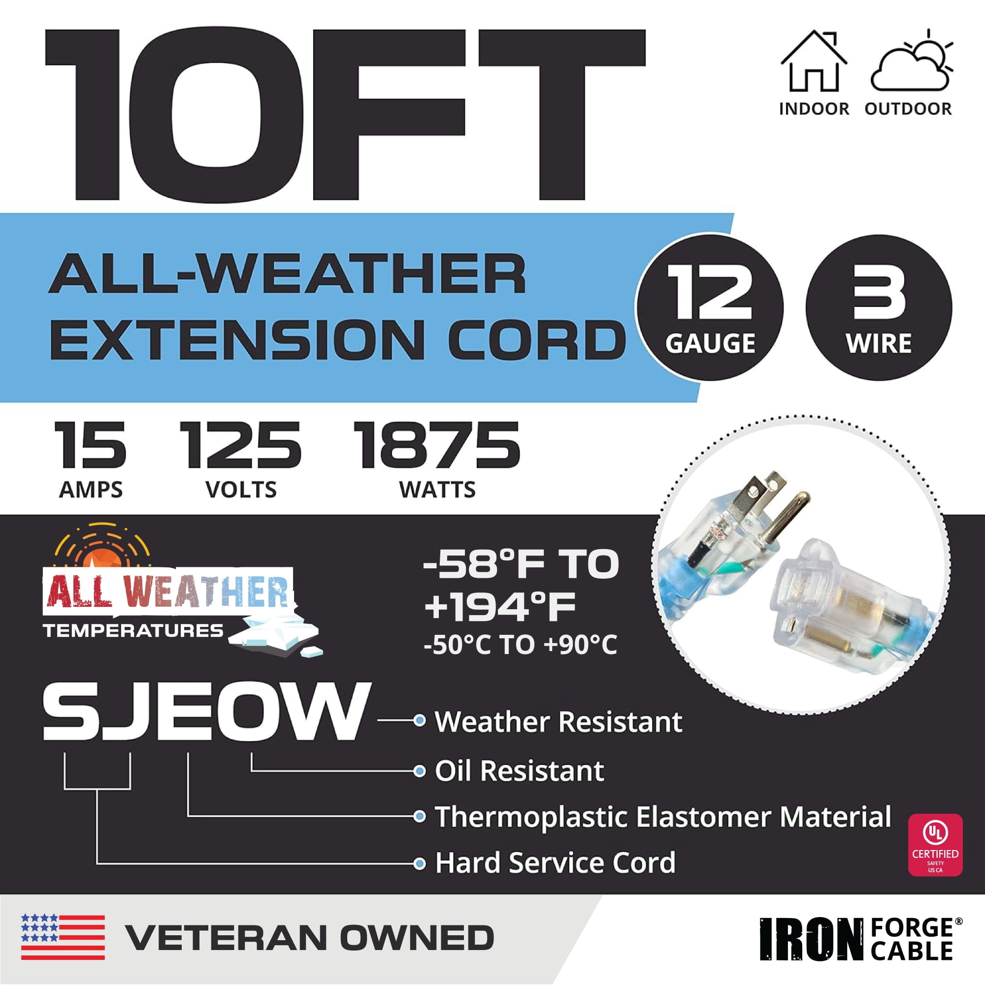 Iron Forge Cable 10 Ft All-Weather Extension Cord for Outdoor & Indoor Use - 12/3 SJEOW Lighted 3 Prong Extension Cord - for Cold & Hot Temperatures