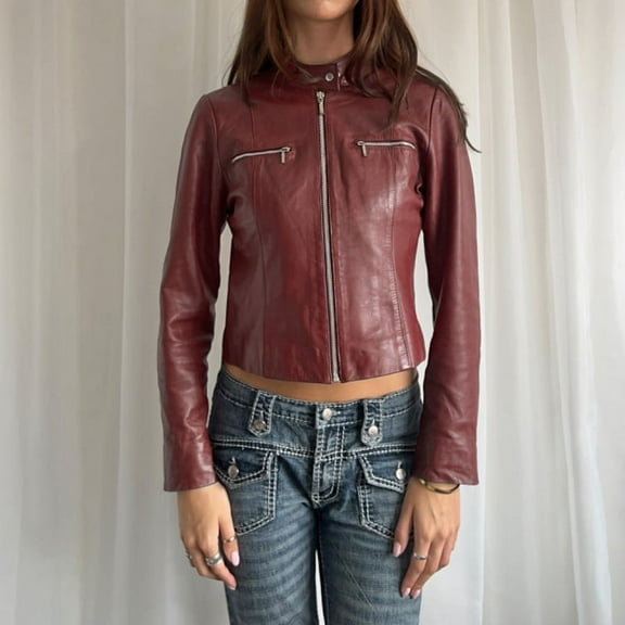 Fitted Biker Jacket with Zipper Pockets (S, MaroonBrown)