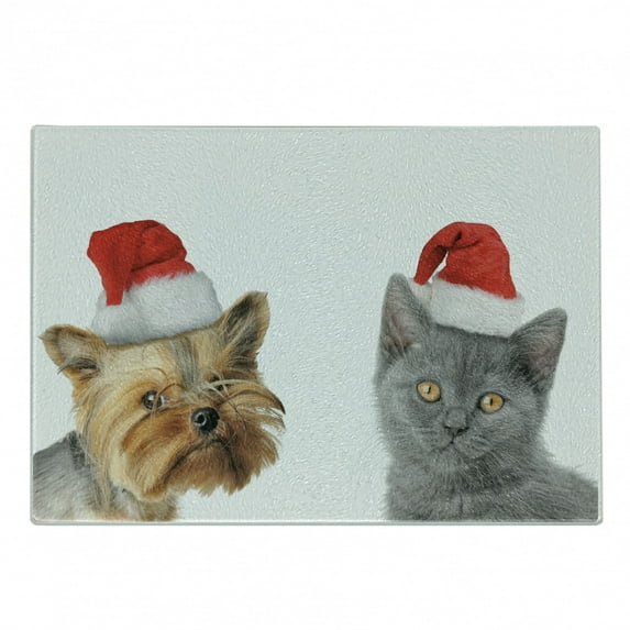 Christmas Cutting Board, Cat and Dog with Xmas Hats Domestic Pet Animals Holiday Celebration, Decorative Tempered Glass Cutting and Serving Board, Small Size, Orange Grey Red, by Ambesonne