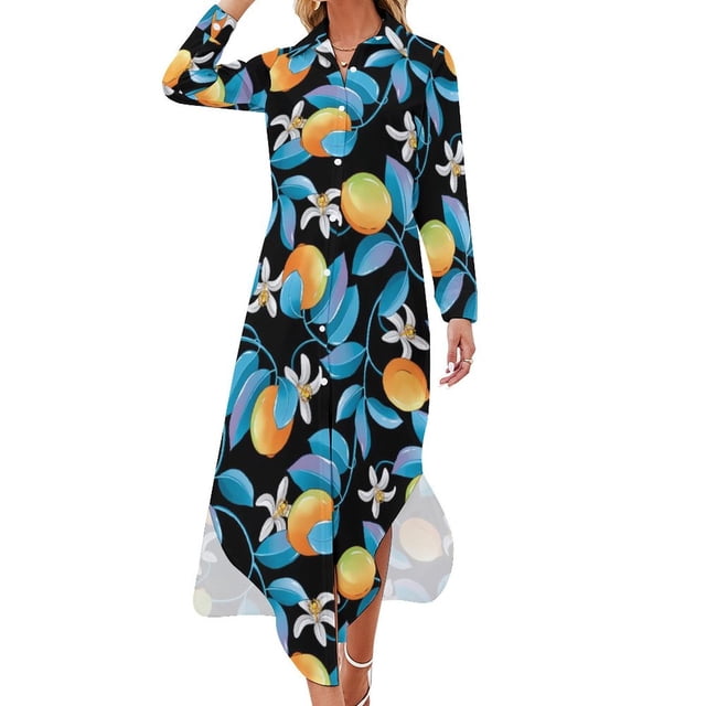 Robe en Chiffon Imprimé Fruits Jaune Citron Robes Mignonnes Femmes Manches Longues Style Rue Col en V Motif Robe Décontractée Surdimensionnée