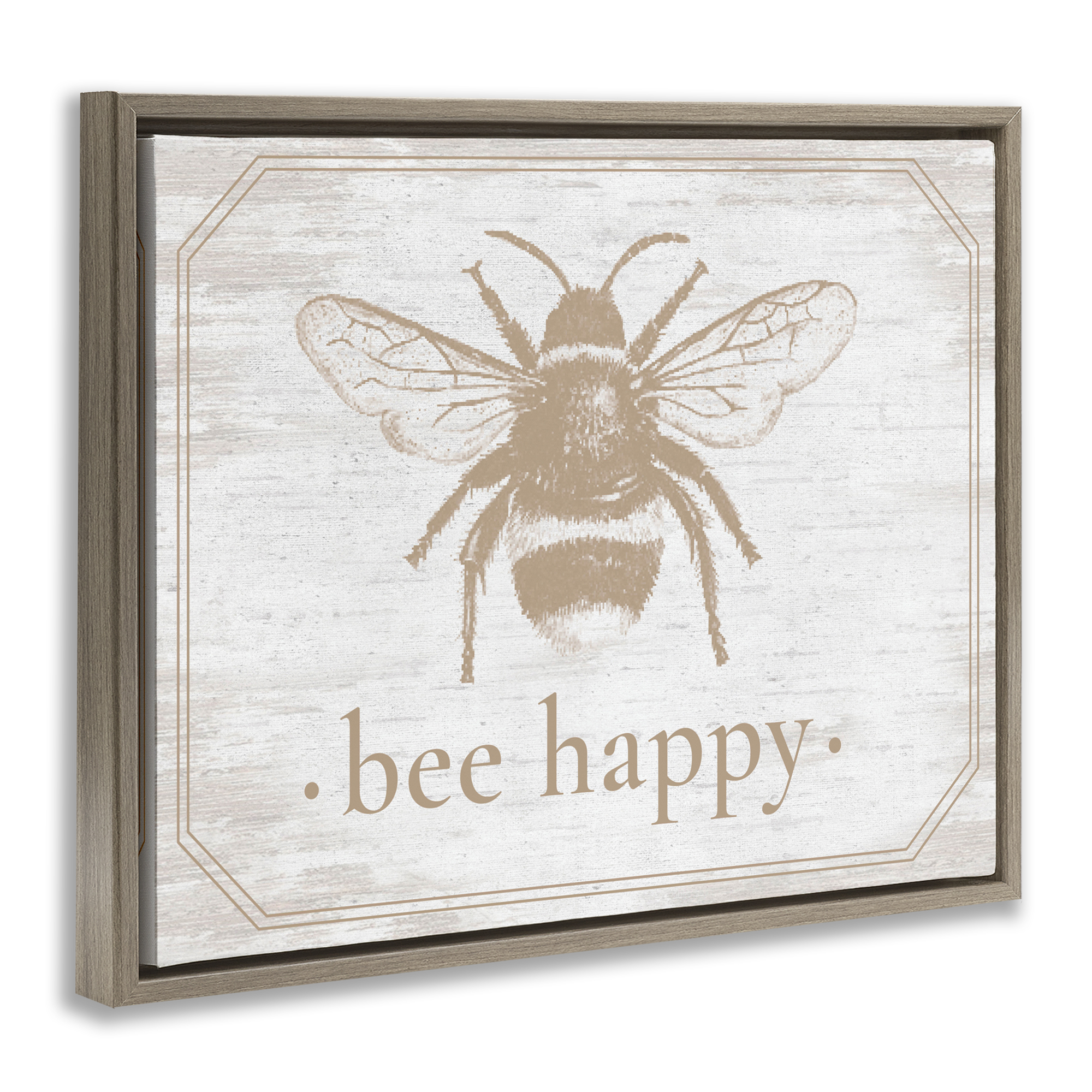 Bee Happy with Rustic Border Brown Framed Floater Canvas Wall Art, design by Lettered and Lined