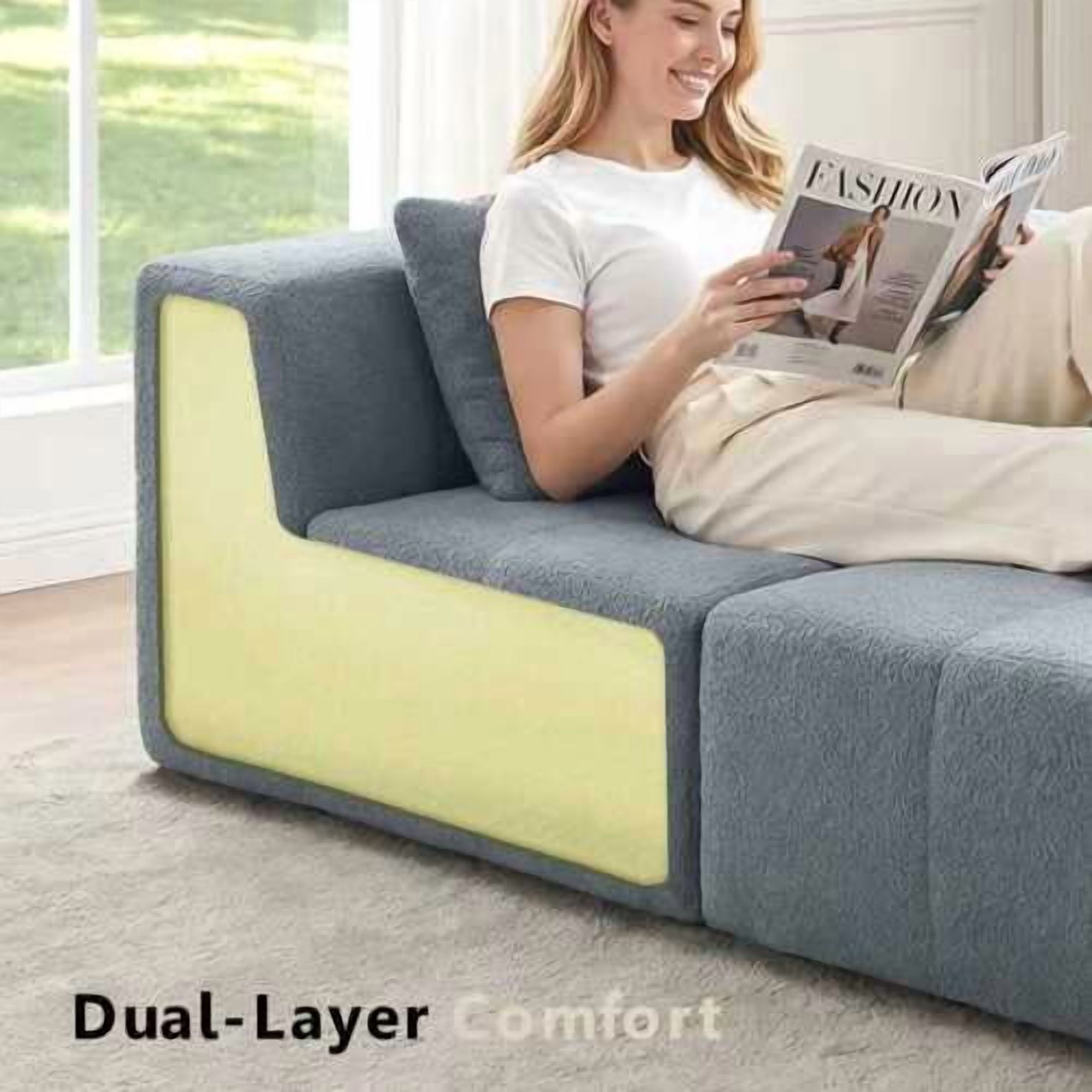 Howcool 106" Boneless Cloud Couch, U-Shaped Modular Compression Sofa Bed, Foldable Floor Sofa with Deep Seat, Foam Couch No Assembly, 3 Seater, Grey