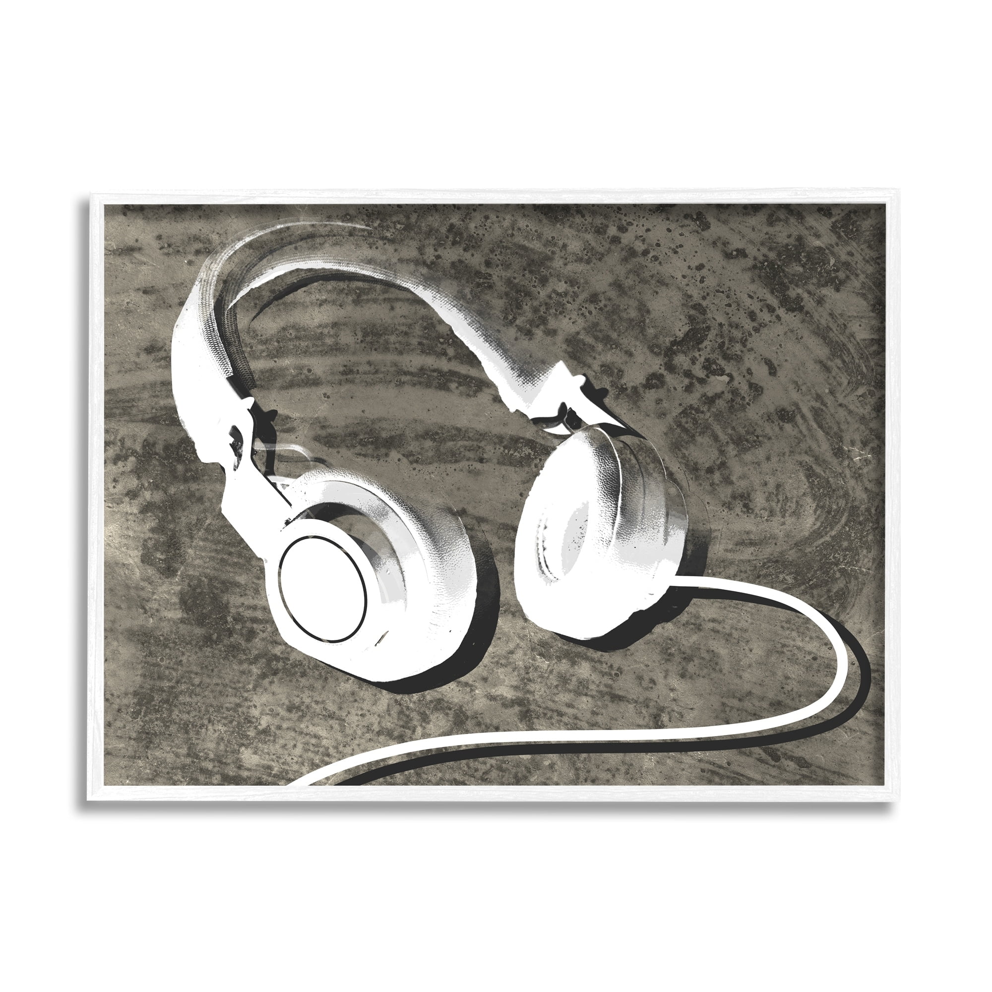 Stupell Industries Music Headset Over Brown Rustic Wood Grain Pattern, 20 x 16, Design by Daphne Polselli