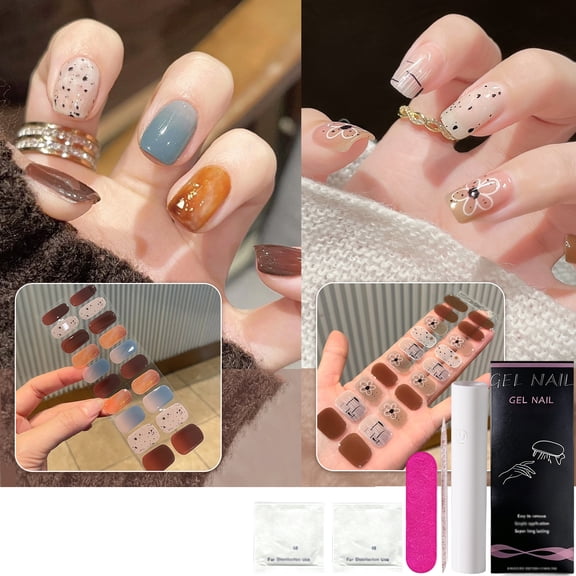 Fall Winter Gel Nail Strips, Gel Nail Stickers with UV Light, Home DIY Gel Nail Wraps Starter Kit for Adults Long Lasting (2Set-B)