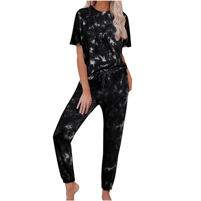 ICHUANYI Clearance Women's Fashion Slim Contrast Lace Elastic Waist Short Sleeve Casual Two Piece Suit Pajamas(Black, XXL) ICHUANYI WER2023081007654