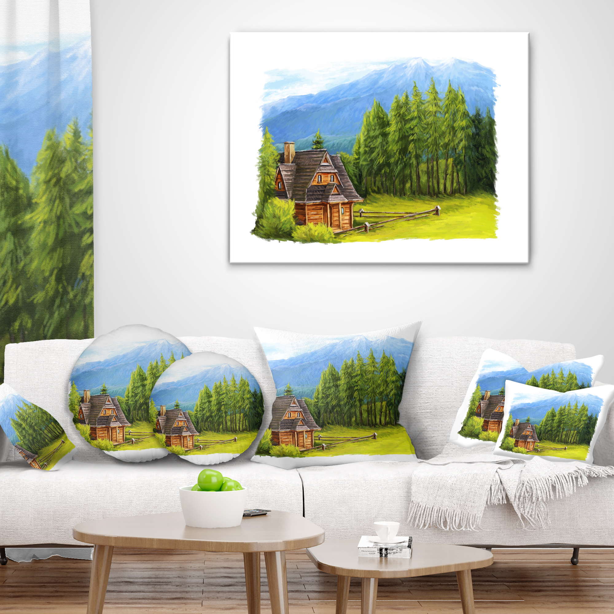 Designart Small Wooden Home in Mountains - Landscape Printed Throw Pillow - 16x16