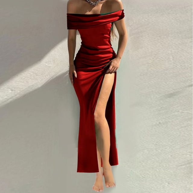 SMihono Robe Maxi Bohème d'Été pour Femmes Grande Taille Mode Féminine Été Solide une Épaule Aguichant Longue Robe Formelle Robe de Plage