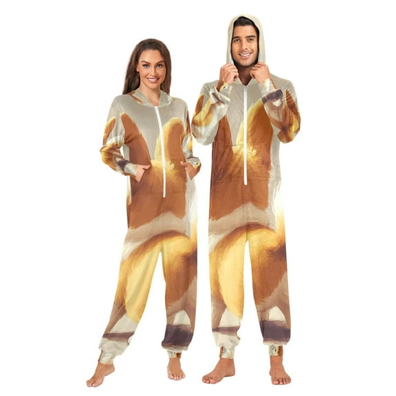 Dog Corgi Adult Onesie Pajamas Slim Fit Christmas One Piece Suit Pjs for Women and Men Hooded Zipper