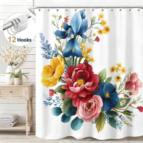 Watercolor Flower Fabric Rustic Floral Pattern Shower Curtain, Elegant Stunning Boho Shower Curtain Set for Bathroom, Waterproof Cloth Fabric with Hooks Decorative Bathroom Shower Curtain, 36*72in