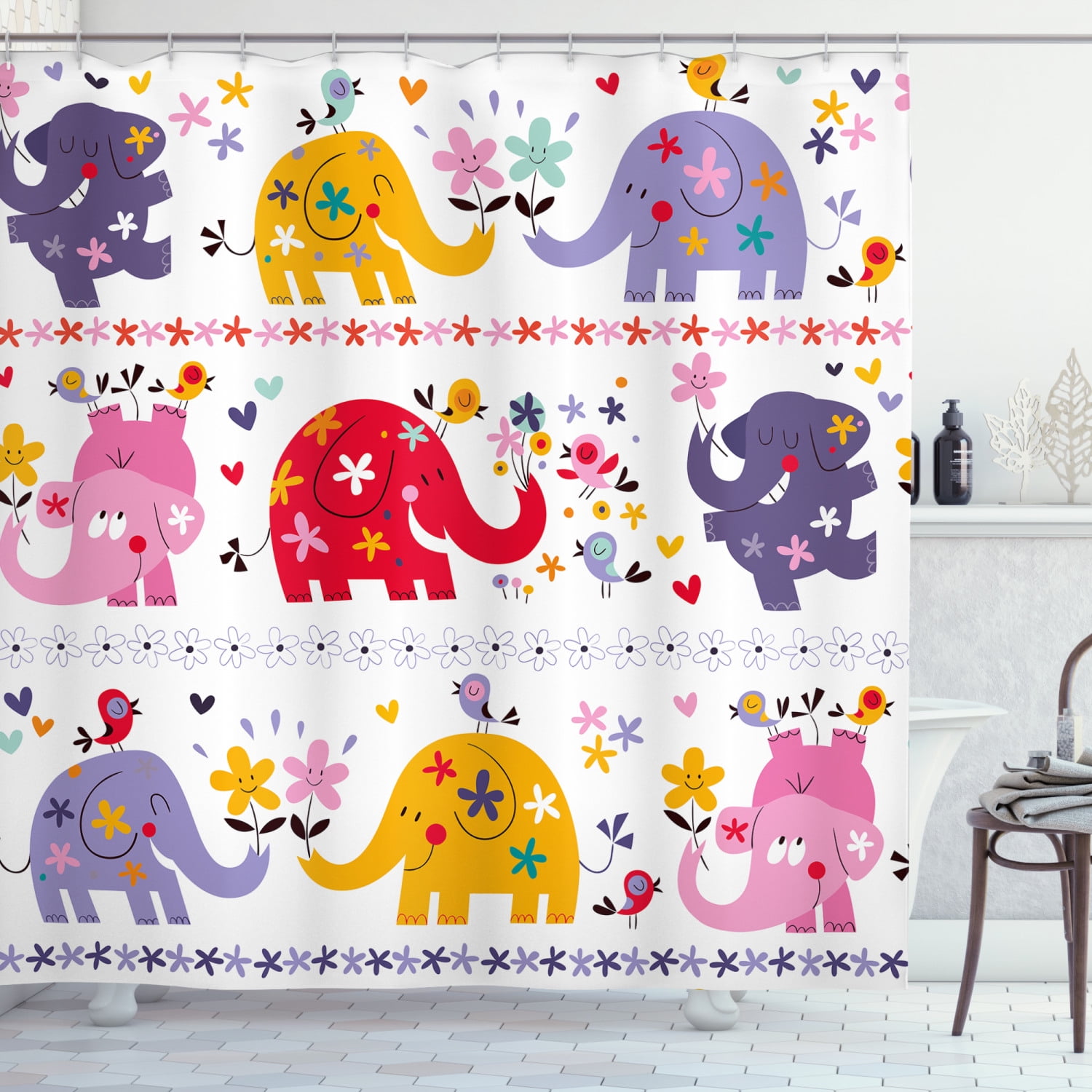 Nursery Shower Curtain, Cute Elephants Happy Dancing Animals in Various
