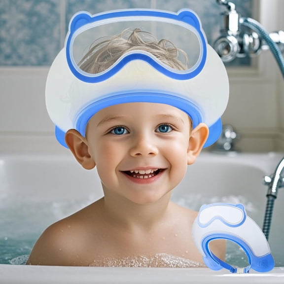 OQRKI Baby Shower Cap Shieldshower Cap for Kidsvisor Hat for Eye and Ear Protection for 0-9 Years Old Childrencute Diving Goggle Shape Makes the Baby Bath More Fun (Blue)